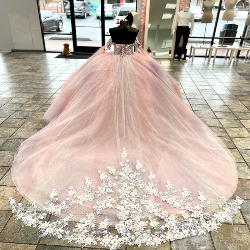 Mexico Pink Ball Gown Quinceanera Dresses Beaded Appliques Lace Tull Birthday Party Gowns Sweet 16 Party Birthday Vestido Xv De 15 Anos