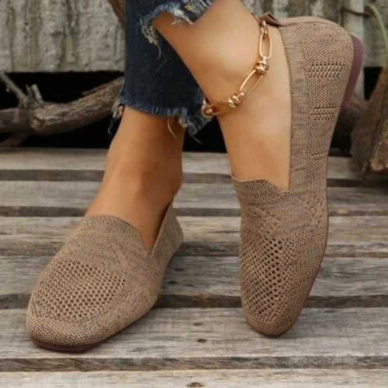 2024 solid color square toe mesh cushioned shallow womens flat shoes soft soled knitted ballet flat shoes casual boat shoes 241024