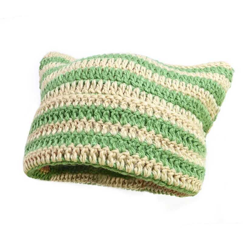 Womens Crochet Hats with Ears Ladies Knitted Beanie Striped Y2k Funny Cat Style Autumn Winter Green Beige Black Gray WhiteX241005