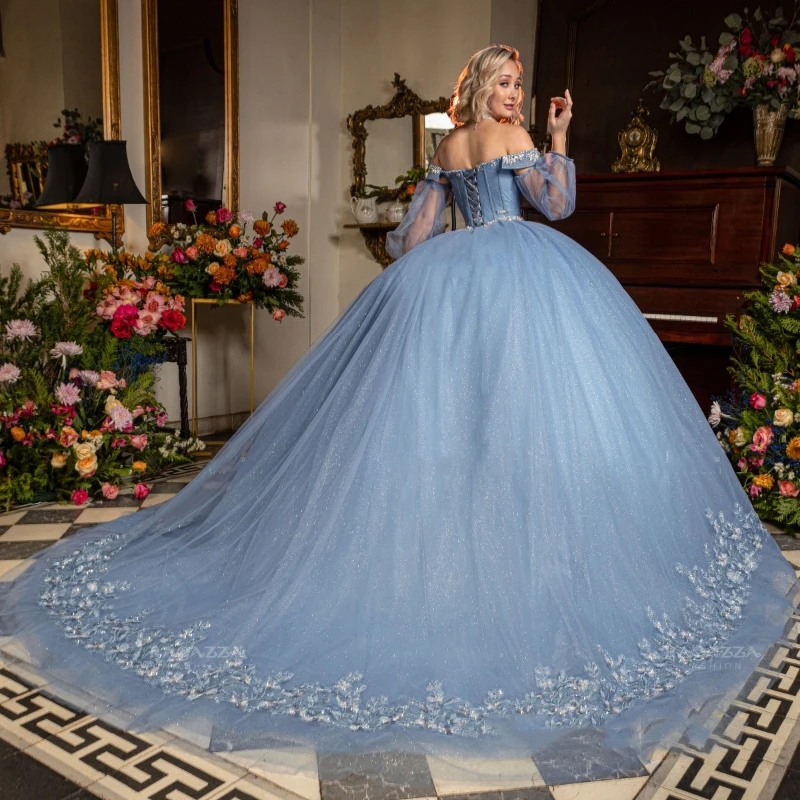 Sky Blue Shiny Off The Shoulder Ball Gown Quinceanera Dresses Appliques Beading Crystal Corset Vestidos De 15 Anos Sweet 16 Dress