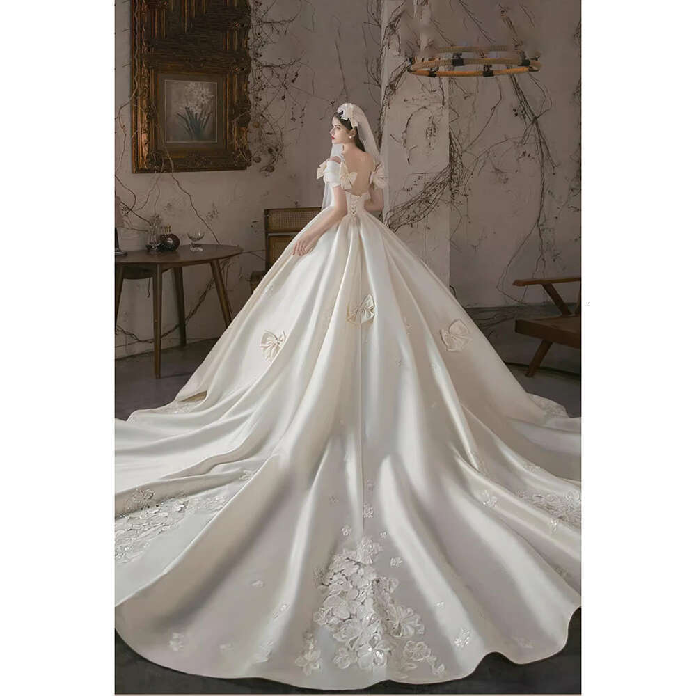 And Elegant Romantic V Neck Satin Wedding Exquisite Lace Applique Beaded D Bow Princess Bride Dress ress