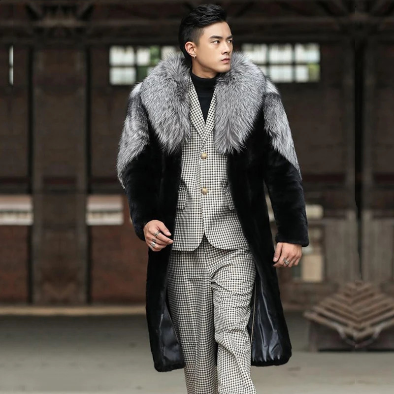 Winter mens silver fox fur collar fur coat long thick and warm windbreaker fashionable and elegant coat 240930