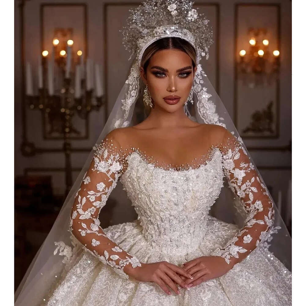 Tulle O Neck Wedding Dress Lace Applique Sequined Beaded Long Sleeve Princess Bride Gowns Vestido De Novia 0228Lz