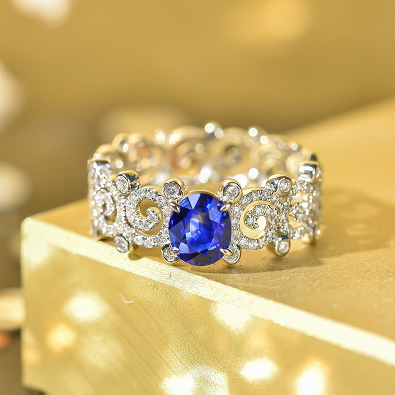 Sterg Sier Blue Sapphire CZ Dia Leaf Ring | Elegant Hollow Party Wedding Band
