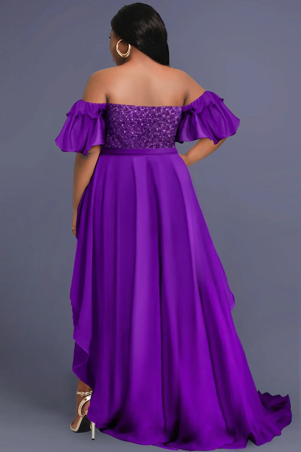 Womens plus size dress elegant purple shoulder ruffled sleeves asymmetrical hem wedding guests party evening dress 240929