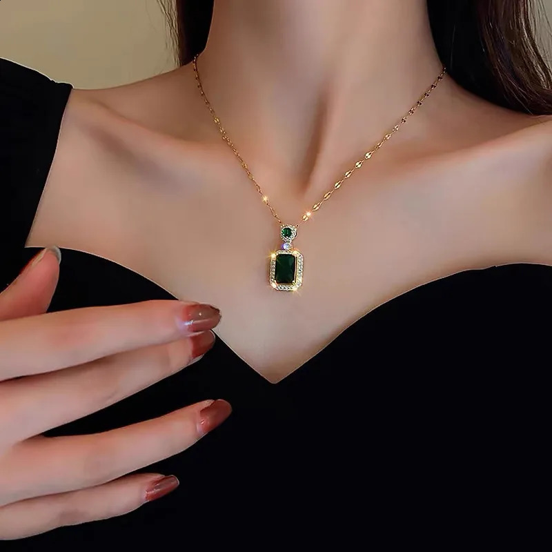 Emerald Color Earring Necklace Rings Set For Woman Stainless Steel Zircon Rectangle Pendant Party Jewelry Gift 240926