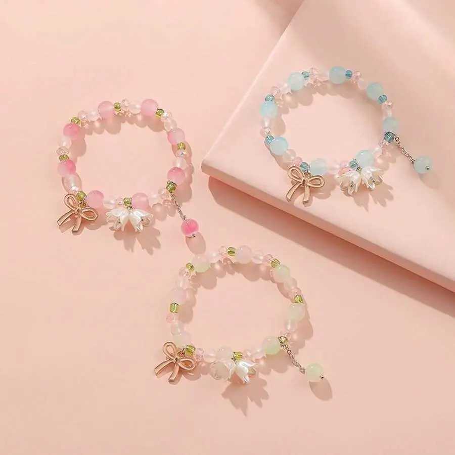Flower shaped metal bow knot charm beads elastic bracelet pink opal round beads green spaced beads cute girl elastic bracelet W241004