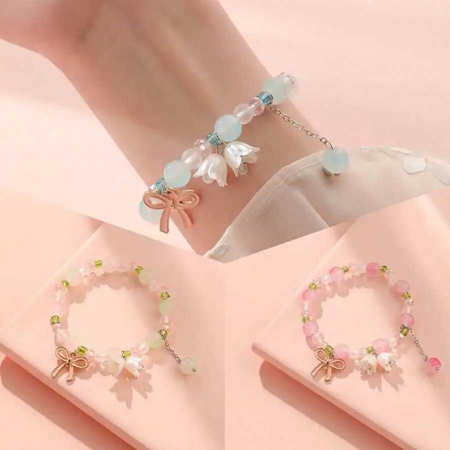 Flower shaped metal bow knot charm beads elastic bracelet pink opal round beads green spaced beads cute girl elastic bracelet W241004