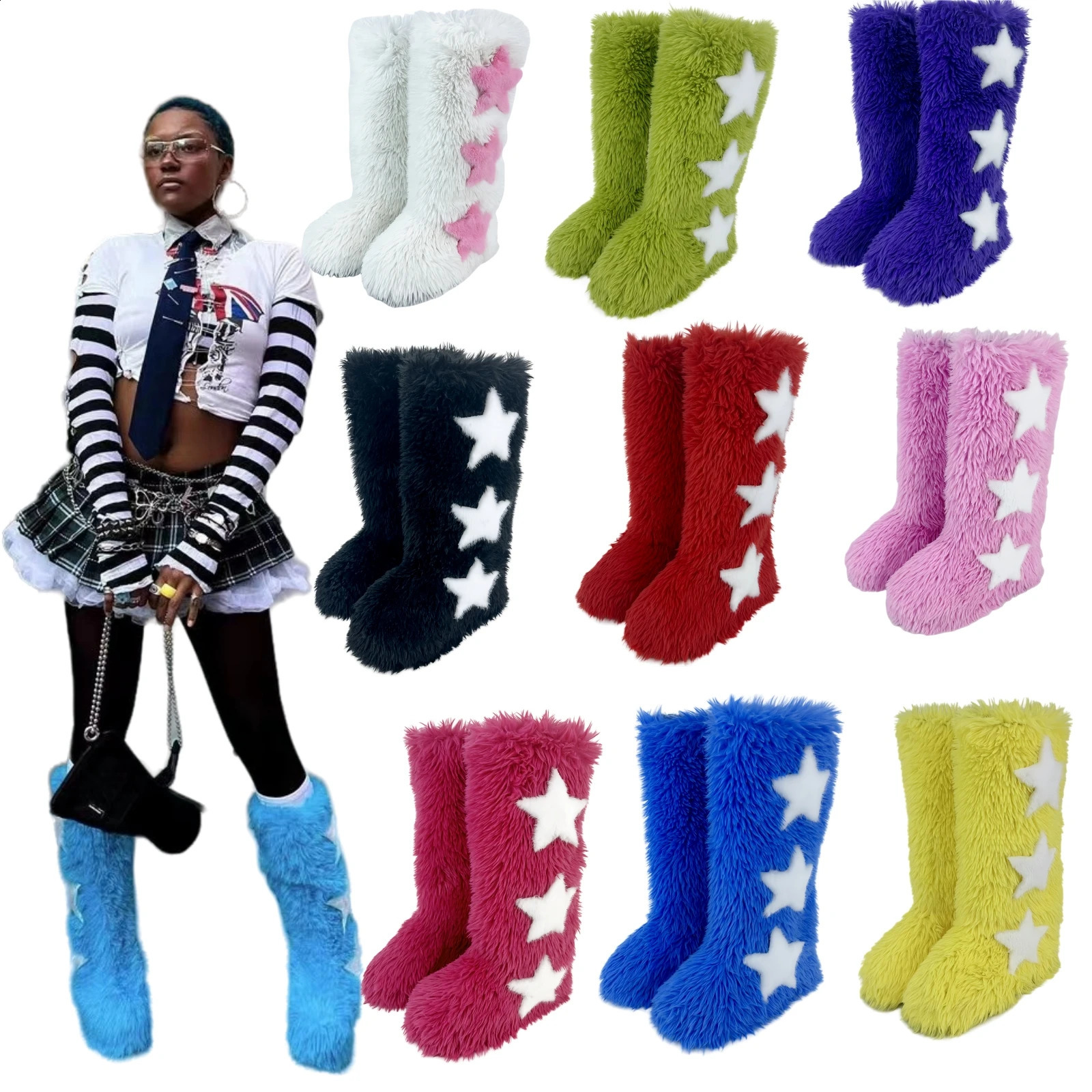 Winter Women Snow Faux Fur Long Warm Plush Platform Knee-high Boot Outdoor Furry New Cute Over-the-knee Boots