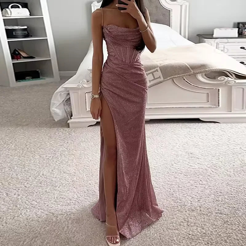 Womens elegant slim fit high seam backless long party dress sexy club V-neck sleeveless dress latest Vestido for spring/summer 240930