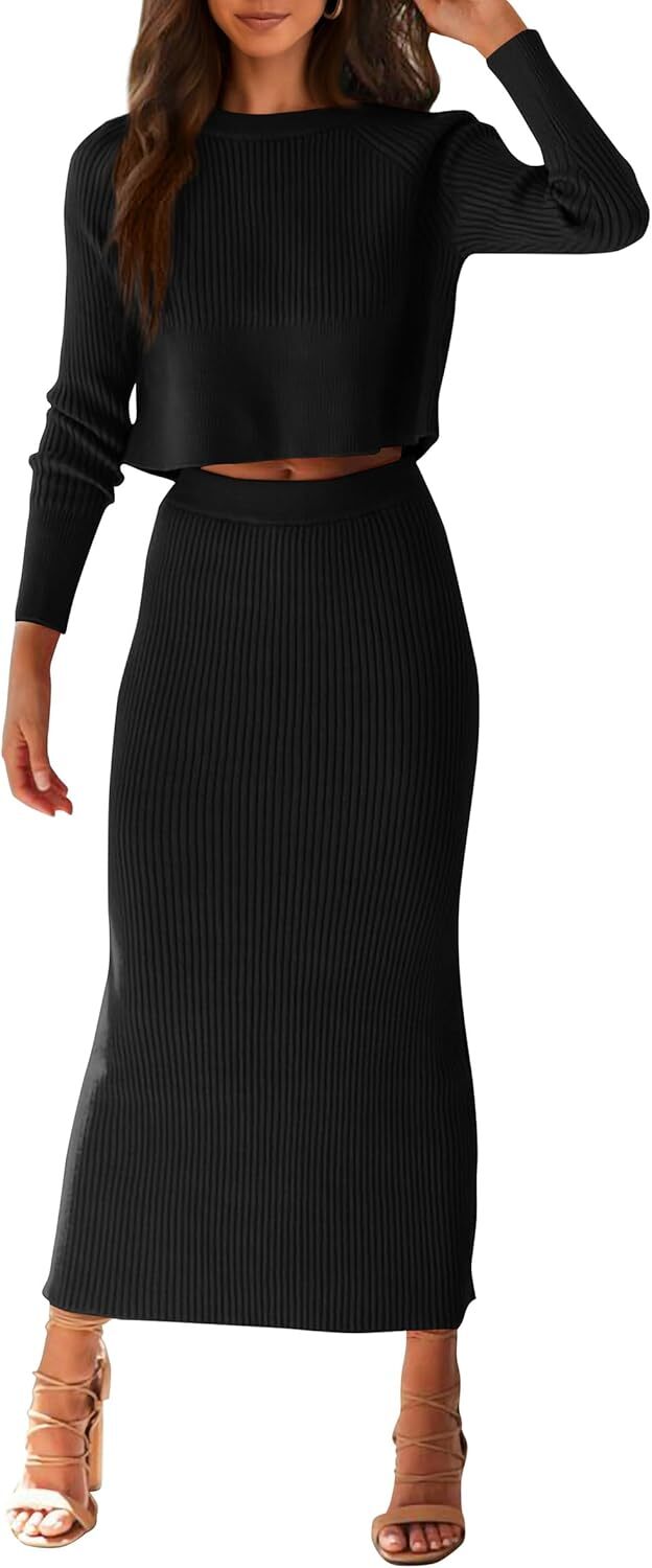 women's autumn 2piece sweater set ribbed knit long sleeved crop top extra long tight skirt casual winter clothing