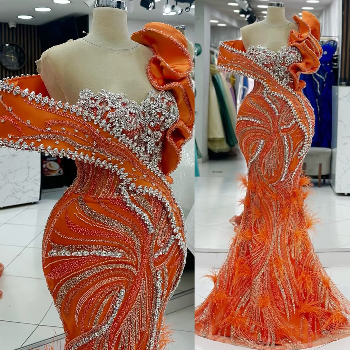 Aso Ebi 2024 Orange Mermaid Prom Dresses Rhinestones Feather Sequined Lace Evening Formal Party Second Reception Birthday Gowns Dress For Special Occa