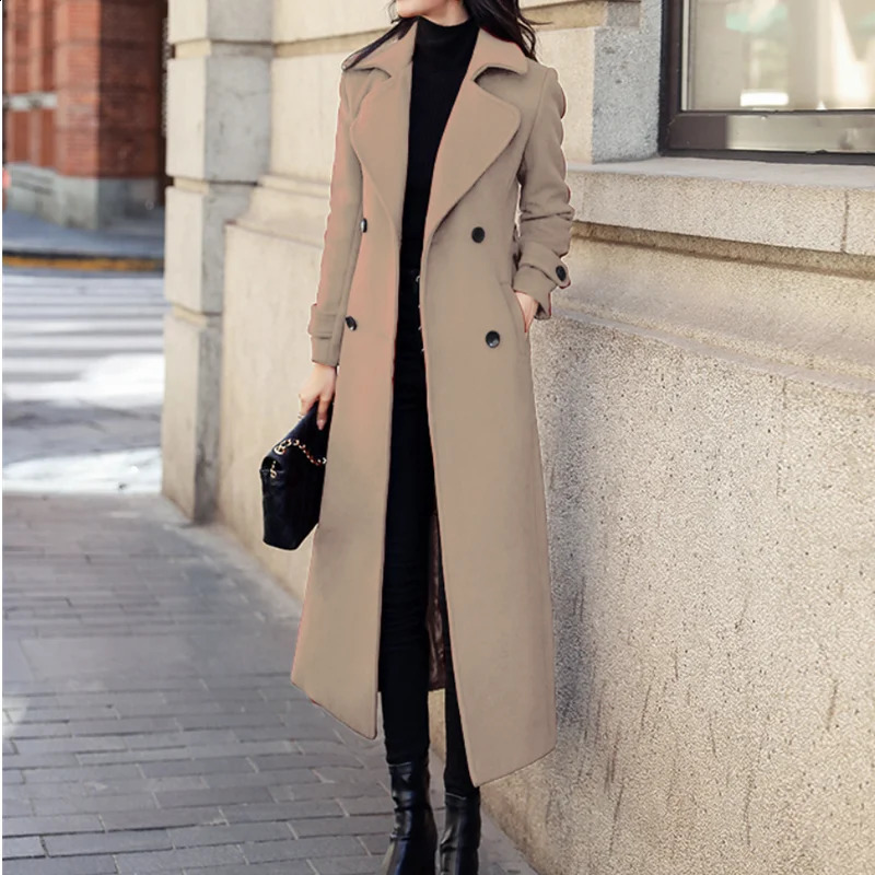 Winter Womens Coat Woolen Long Trench Outerwears Double-breasted Coats Belt Lapel Warm Streetwear Temperament Tops Jacket S-3XL 240927