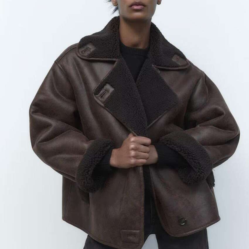 Jacket Women's coat Winter Street Style Loose double-faced jacket with plush coat lapel Fashion A high sense Outdoor Outfits Long Sleeve Chic Lap