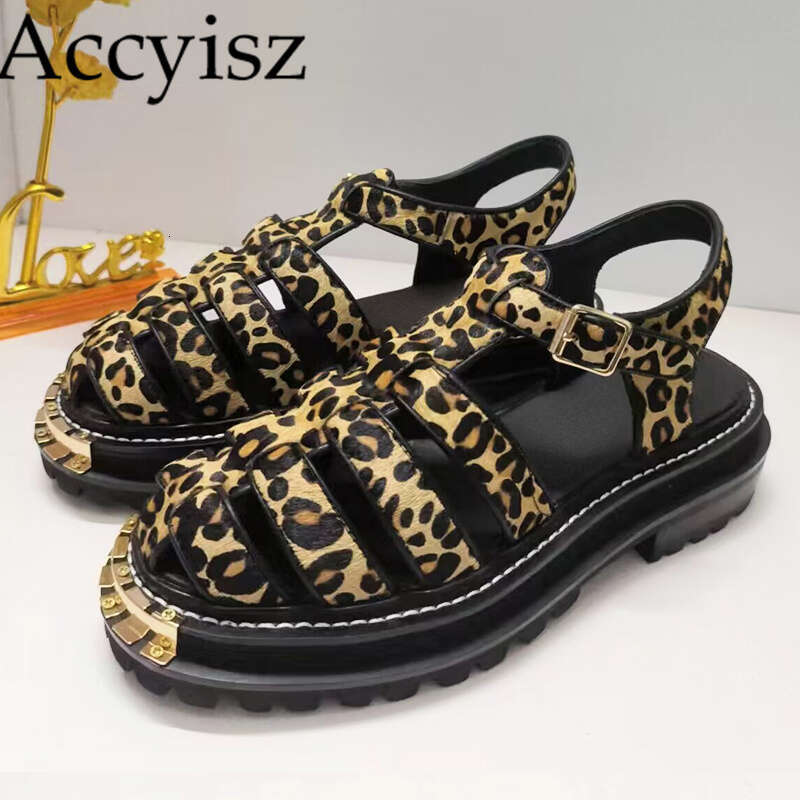 Summer New Solid Color Leopard Pattern Sandals Women's Thick Sole Hollow Simple Versatile Sandalias Daily Casual Commuter Shoes