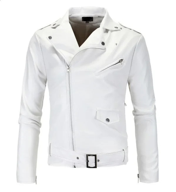 Mens Leather Jackets 2023 White Black Casual Lapel Slim Fit Diagonal Zipper Motorcycle PU Jacket Coat Clothing 240930