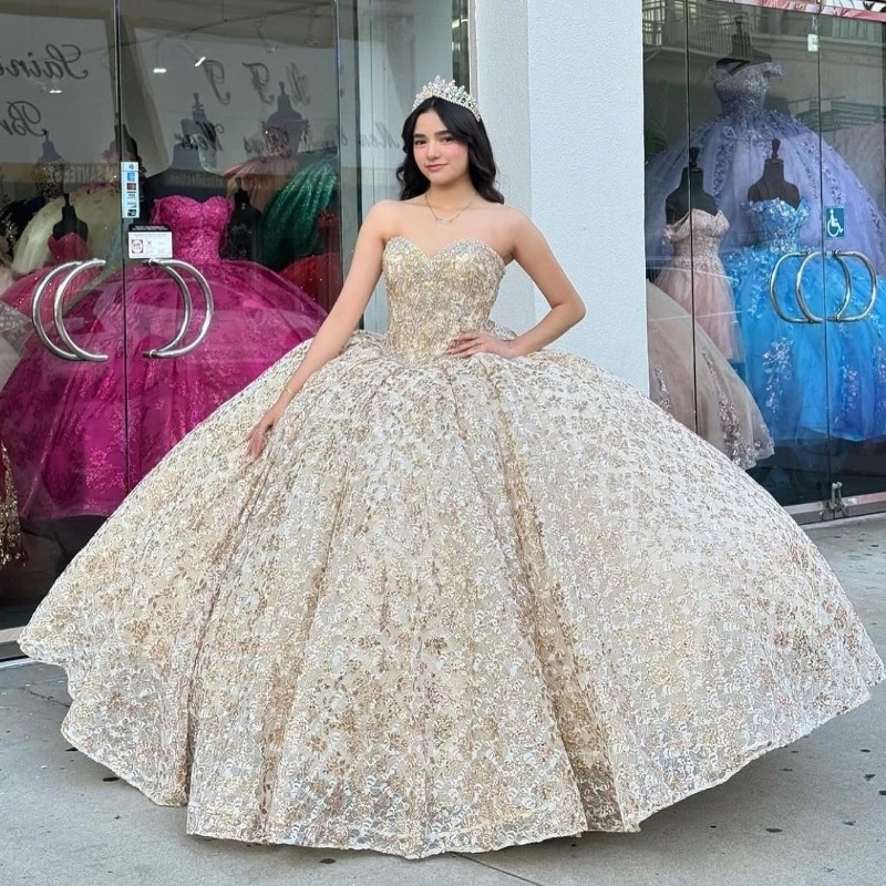 Luxury Champagne Shiny Princess Quinceanera Dresses Sequin Appliques Lace Beads Crystal Bow Party Birthday Tulle Sweet 16 Dress Vestido De 15 Anos