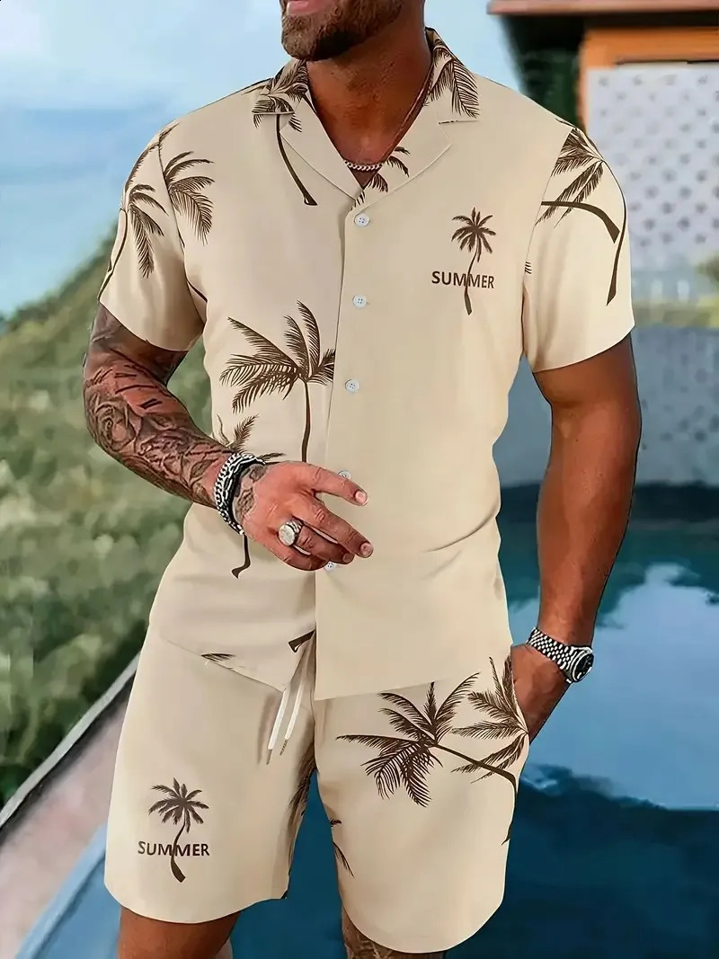 Hawaiian style mens printed polo shirt short sleeved set mens casual ultra-thin short sleeved set 240930