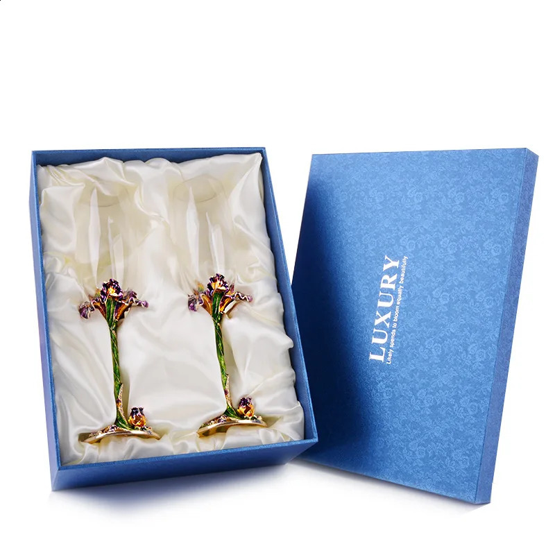 Iris 1 Pair Crystal Wine Glasses Cup Wedding Party Reception Champagne Flutes Fashion Enamel Glass Gift Package 240925