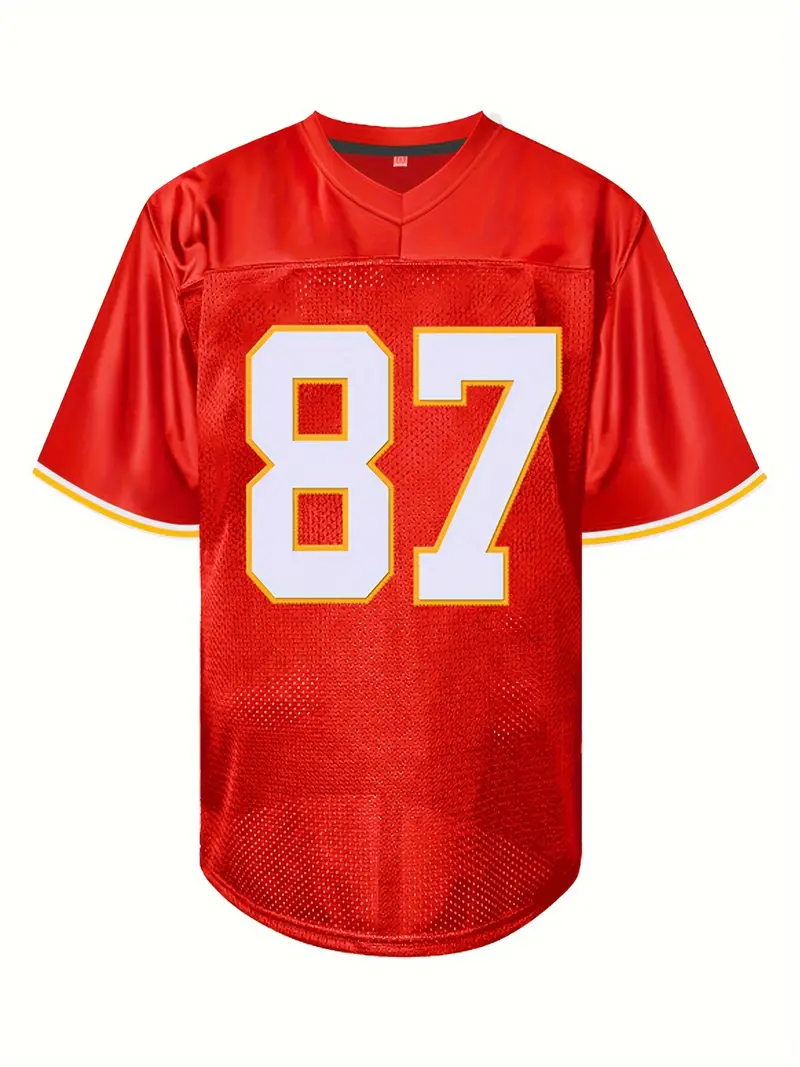 #87 Travis Kelce Comfy V-Neck Football Jersey Red Mesh Embroidery for Training and Competition Breathable Moisture-Wicking American Football Shirt