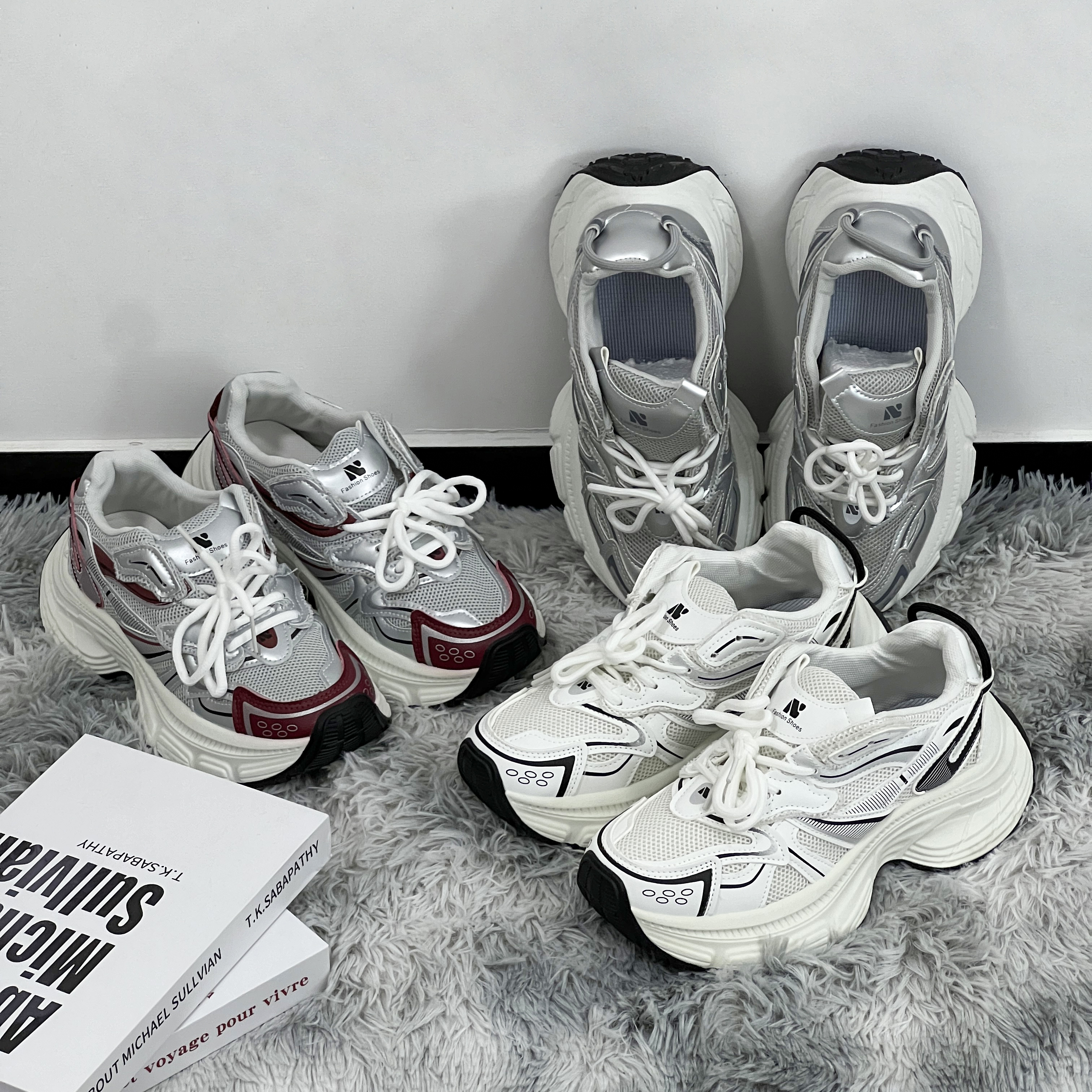 Daddy shoes female ins tide 2024 new spring and summer thick bottom sneakers mesh show feet small shoes silver casual shoes 232