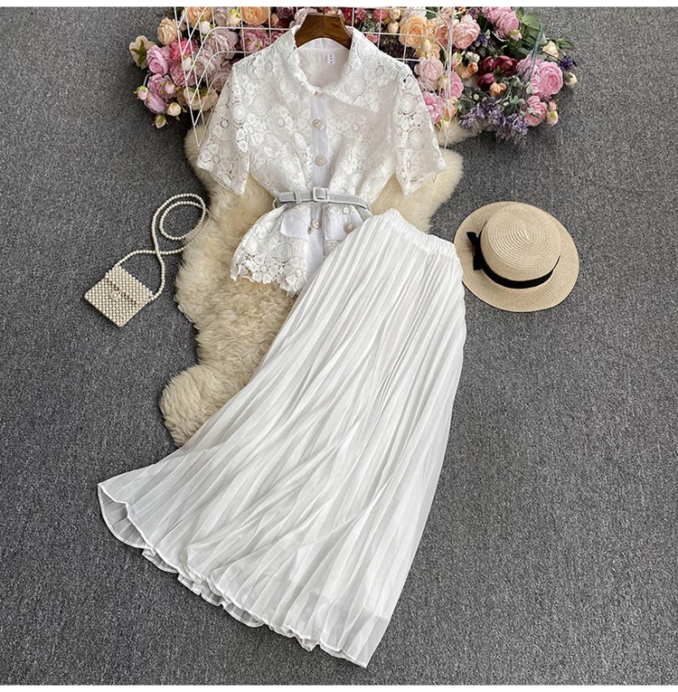 2025 Two Piece Dress New Summer Runway Rose Red Lace Two Piece Set Outfits Women Hollow Out Pocket Shirt Top+Belt Pearls Single Breasted Midi Skirt Su