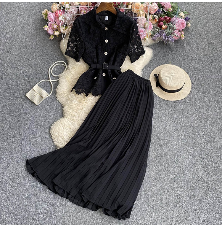 2025 Two Piece Dress New Summer Runway Rose Red Lace Two Piece Set Outfits Women Hollow Out Pocket Shirt Top+Belt Pearls Single Breasted Midi Skirt Su