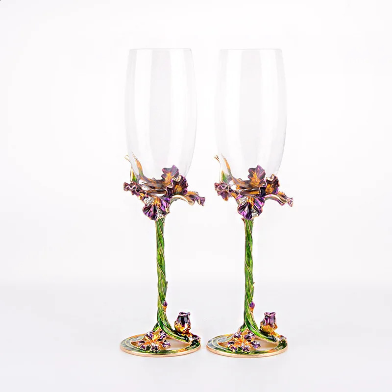 Iris 1 Pair Crystal Wine Glasses Cup Wedding Party Reception Champagne Flutes Fashion Enamel Glass Gift Package 240925
