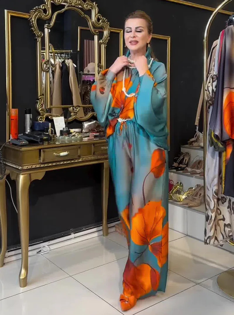 Autumn Printed Satin Top Wide Leg Pants Fashionable Warm Loose Two Piece Set Womens 240930 - view 6