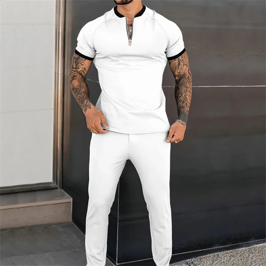 Mens Short sleeved Zipper Polo Shirt Street T-shirt Two piece Casual Sportswear Ropa Hombre 240930