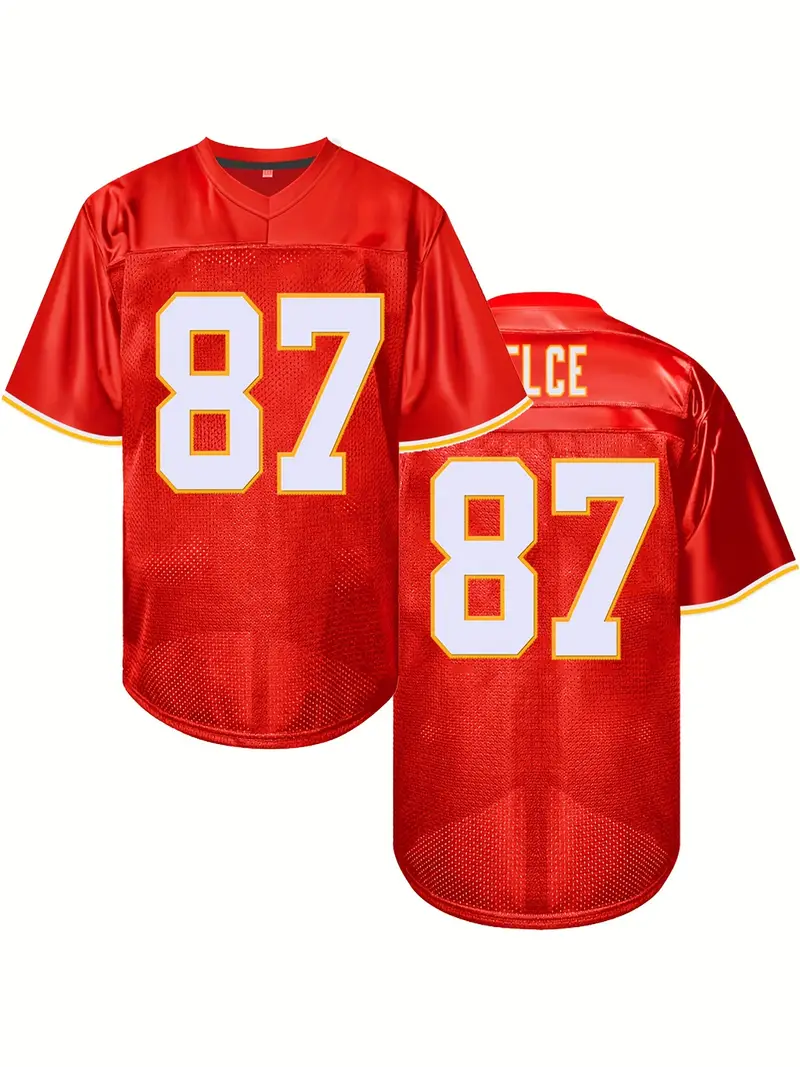 #87 Travis Kelce Comfy V-Neck Football Jersey Red Mesh Embroidery for Training and Competition Breathable Moisture-Wicking American Football Shirt