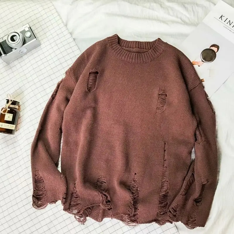 Mens Pulling Tear Crewneck Knitted Sweater Mens Plain weave with holes Solid color Round neck casual Cigar 240930