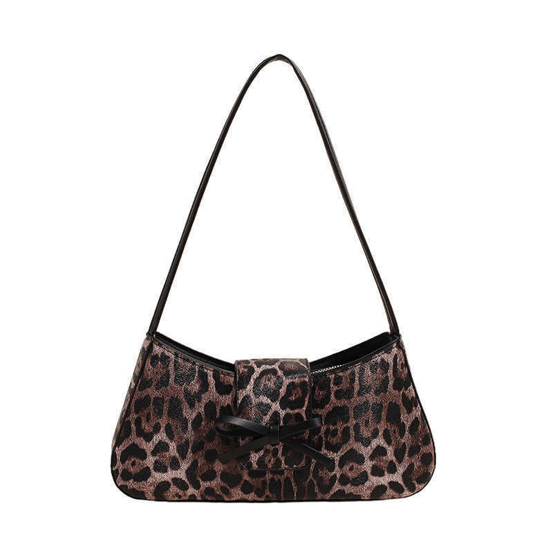 CMM Korean Version of French Stick Armpit Bag Womens Bow New Single Shoulder Small Square Bag Womens Trendy and Personalized Pu Leather Leopard Print 
