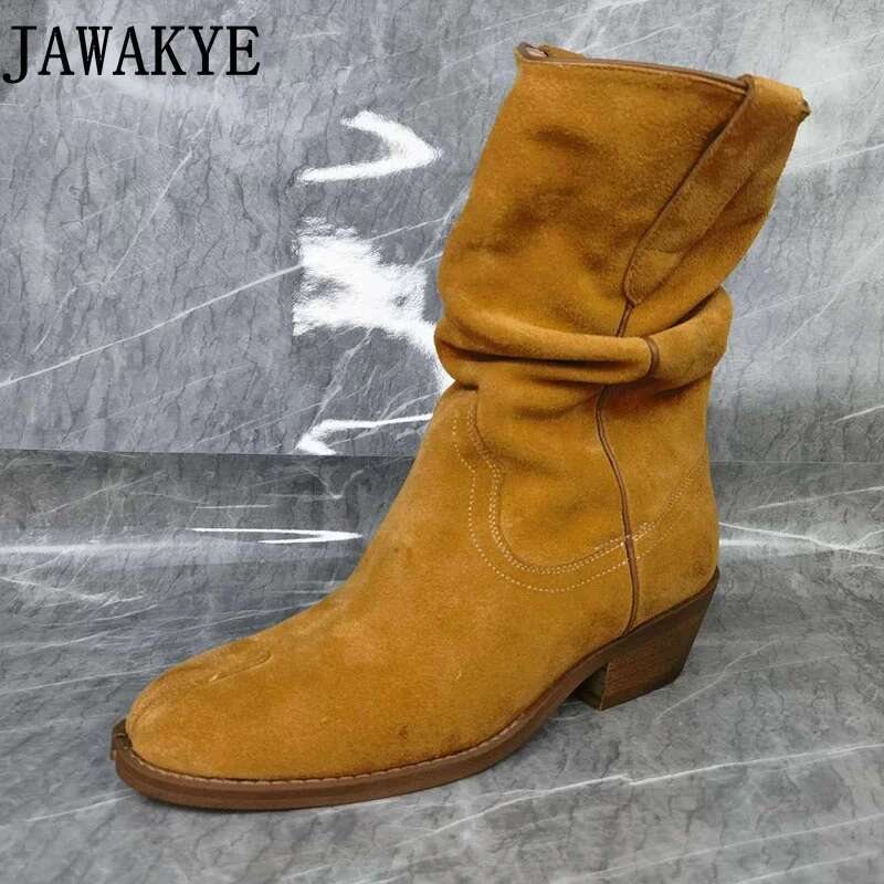 Unisex Western Couple Men & Women's Short Pleated Leather Split Toe Tabi Shoes Cowboy Boots