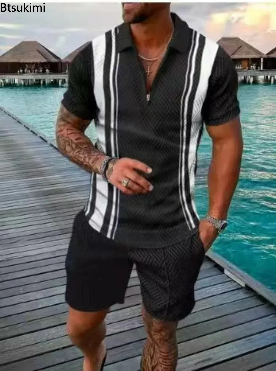 Mens Polo Set Fashion Mens Set Solid Summer V-neck Zipper Short Sleeve Polo ShirtTwo piece Mens Casual Set 240930