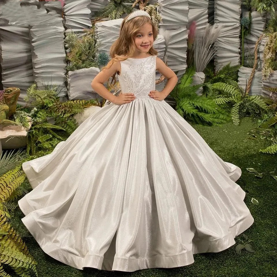 Glossy Ivory Sequined wer Girl Dresses Jewel Neck Bow Puff Princess Ball Gowns For Wedding Birthday Party Sweep Train Little Girls Toddlder Pageant Dr