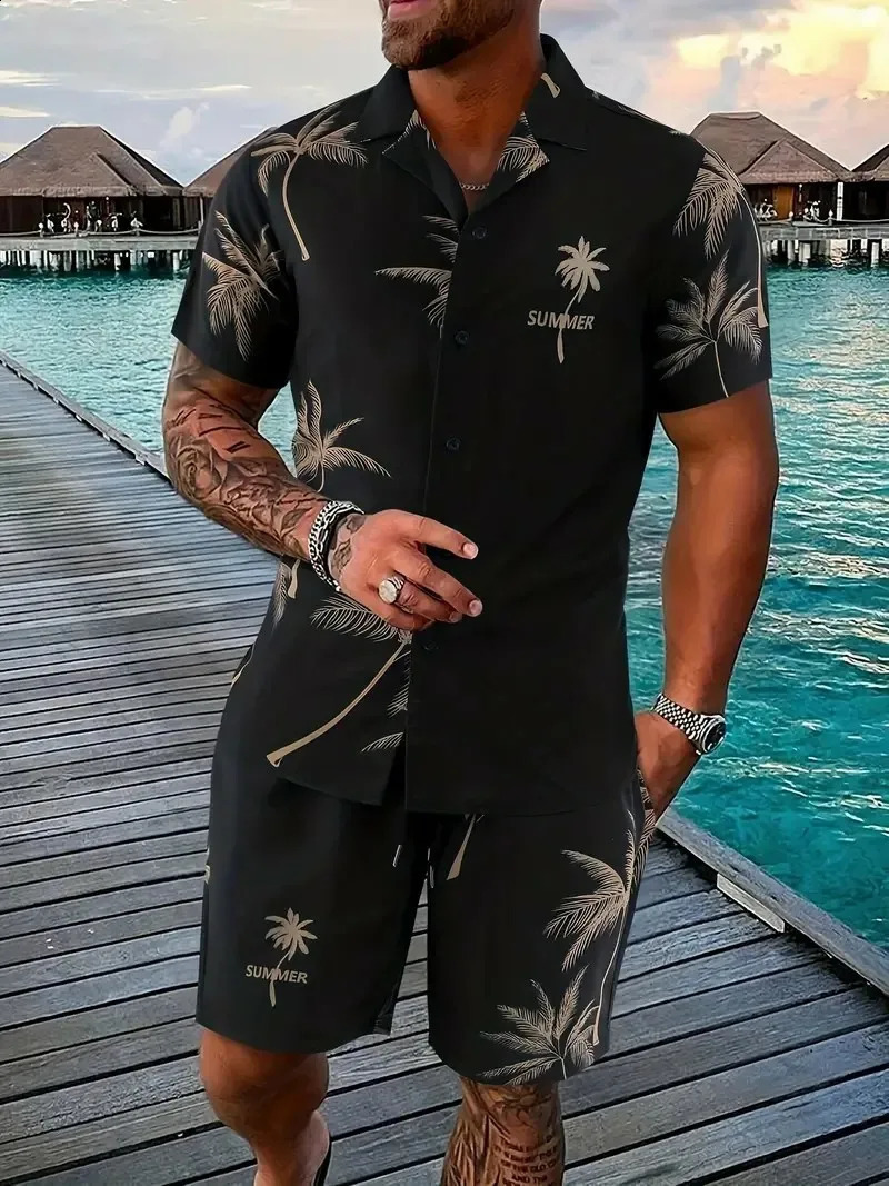 Hawaiian style mens printed polo shirt short sleeved set mens casual ultra-thin short sleeved set 240930