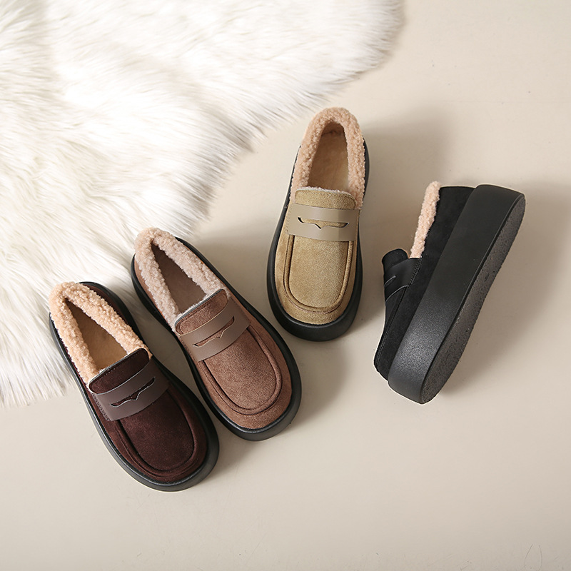 Casual Women's 2024 Thick Sole Fleece Loafers - Khaki Coffee Black ccc2