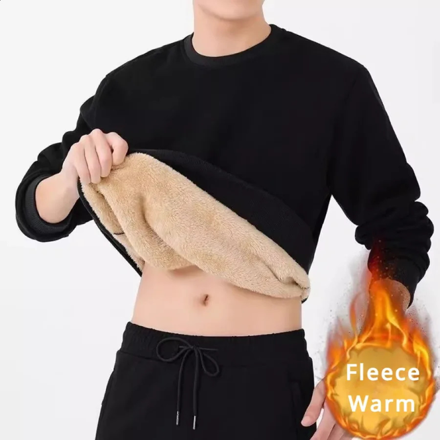 Winter mens wool sweater keeps warm underwear casual solid color pull-out Lambswool O-neck thick underwear top 240930