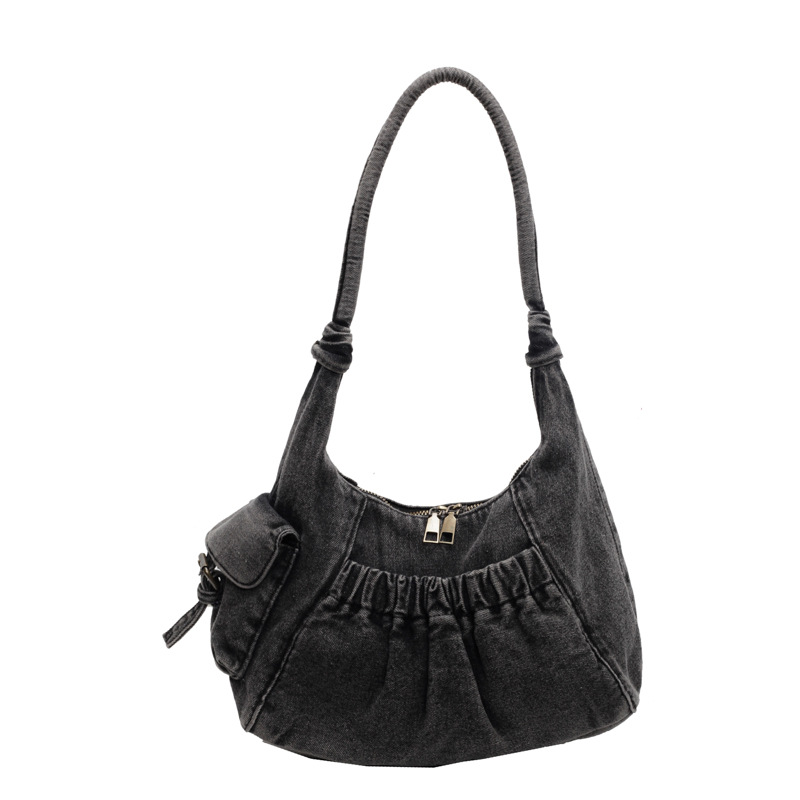 Retro vintage versatile and simple washed denim pleated underarm bag