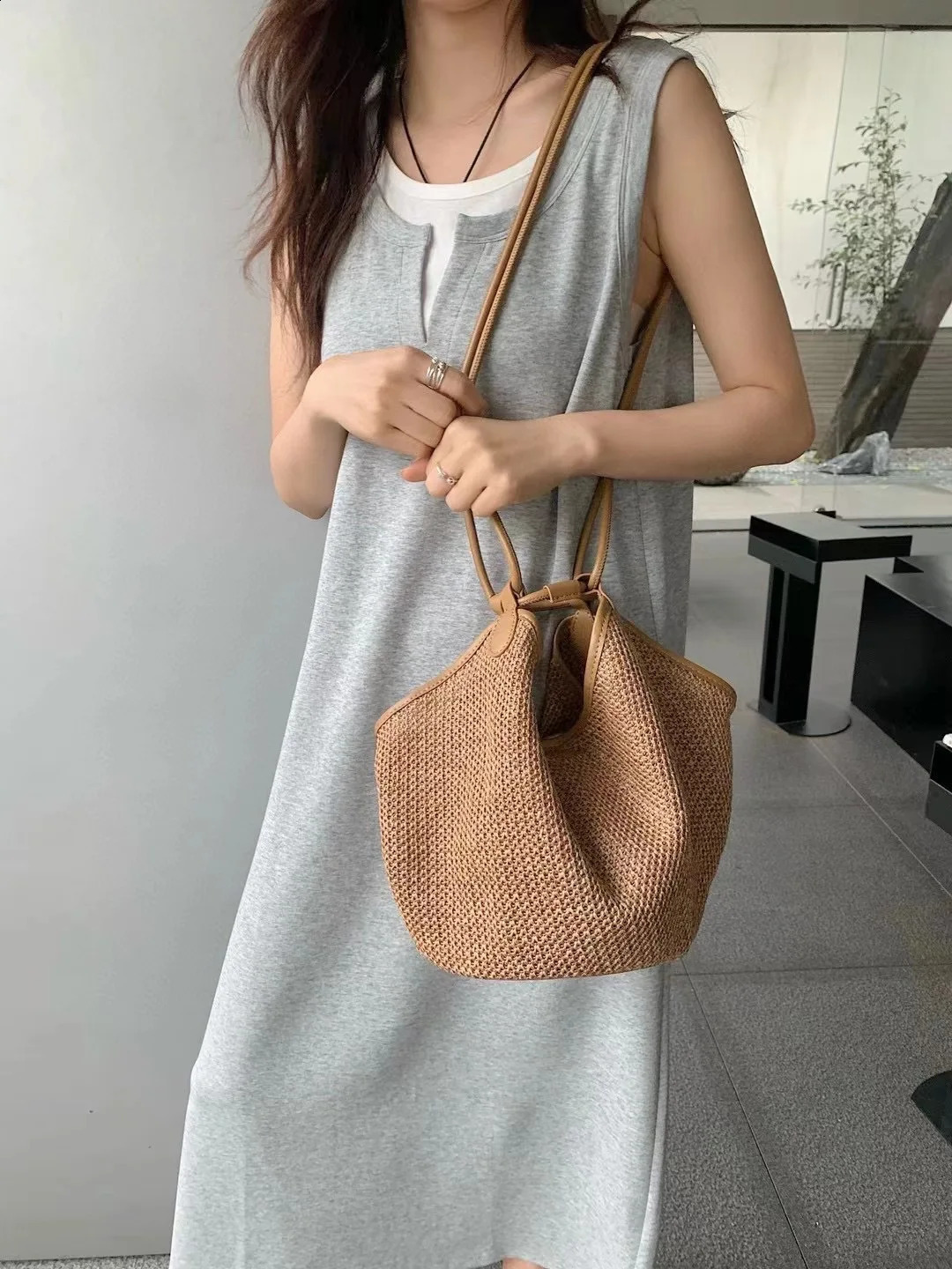 3 Summer Style Straw Woven Large Capacity One Shoulder Underarm Bucket Bag 240929 4