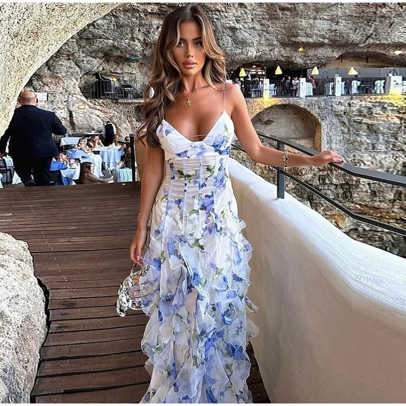 Basic Casual Dresses A Line V-Neck Sleeveless Irregular Hem Sling Dress Women Sexy Backless Hollow Out Print Ruffles Dresses Lady Elegant Party