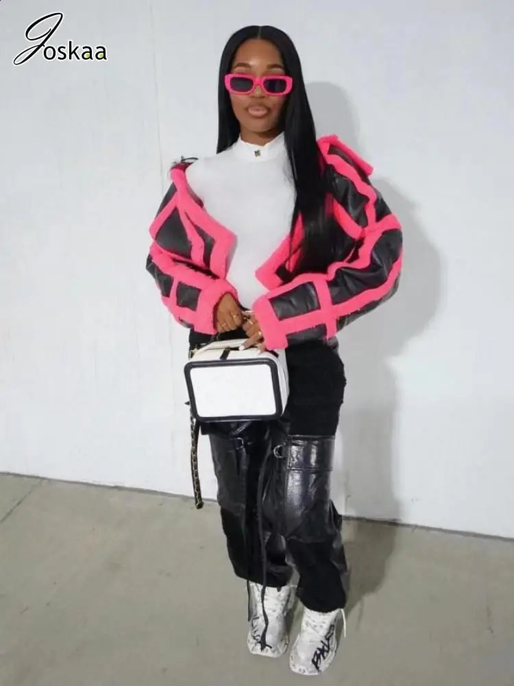 Joskaa Fashion Color Block Faux Leather Jacket Womens Flip Collar Long Sleeve Button Thick Warm Coat Winter Coat 240930