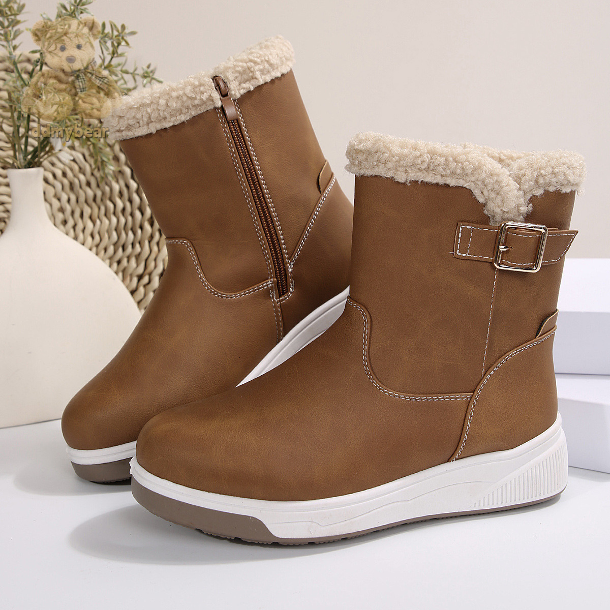 Ddmybear Snow For Women In Autumn Winter, Large Size With Fleece And Warm Cotton Shoes, Thick Soled Hairy Short Boots Chinese Brand Shoes F1008-45