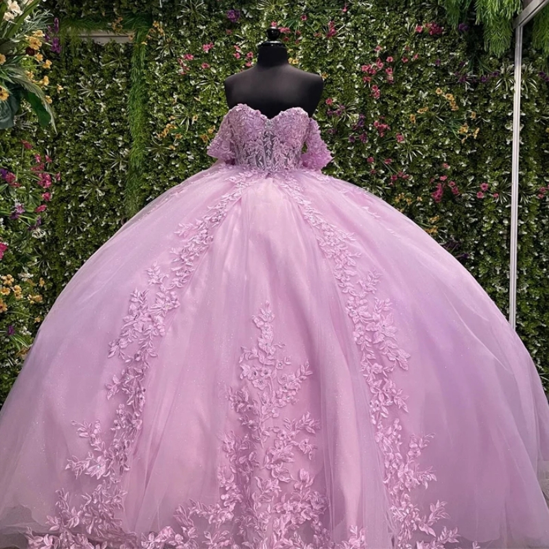 Pink Shiny Off The Shoulder Quinceanera Dresses Ball Gown Appliques Lace Beading Crystal Bow Tull Sweet 16 Dress Vestidos 15 De XV Anos