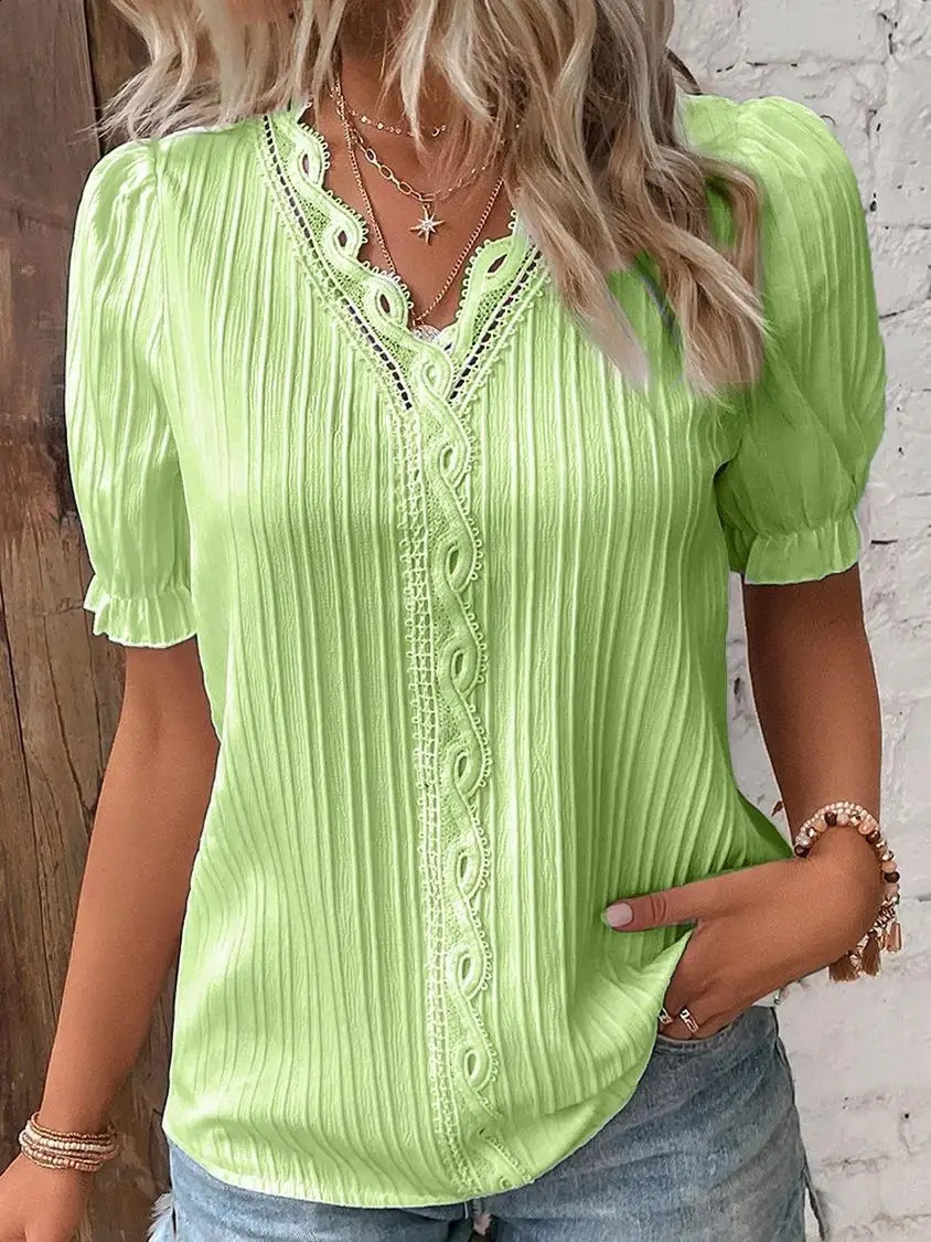 Plus Size Womens Shirt Blouse Yellowgreen Violets White Plain Lace Short Sleeve Casual Basic V Neck Regular Pullover Blo y260711banjia