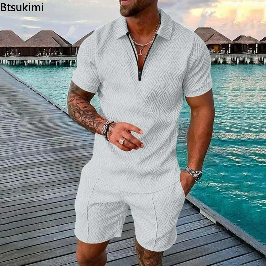 Mens Polo Set Fashion Mens Set Solid Summer V-neck Zipper Short Sleeve Polo ShirtTwo piece Mens Casual Set 240930