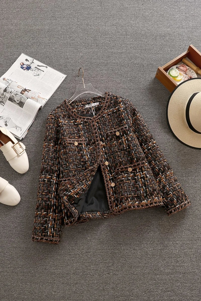 Woolen Jacket Womens Short Autumn Winter Korean Temperament Slim Ladies Tweed Jacket Single-breasted Plaid High-quality Coat 240929