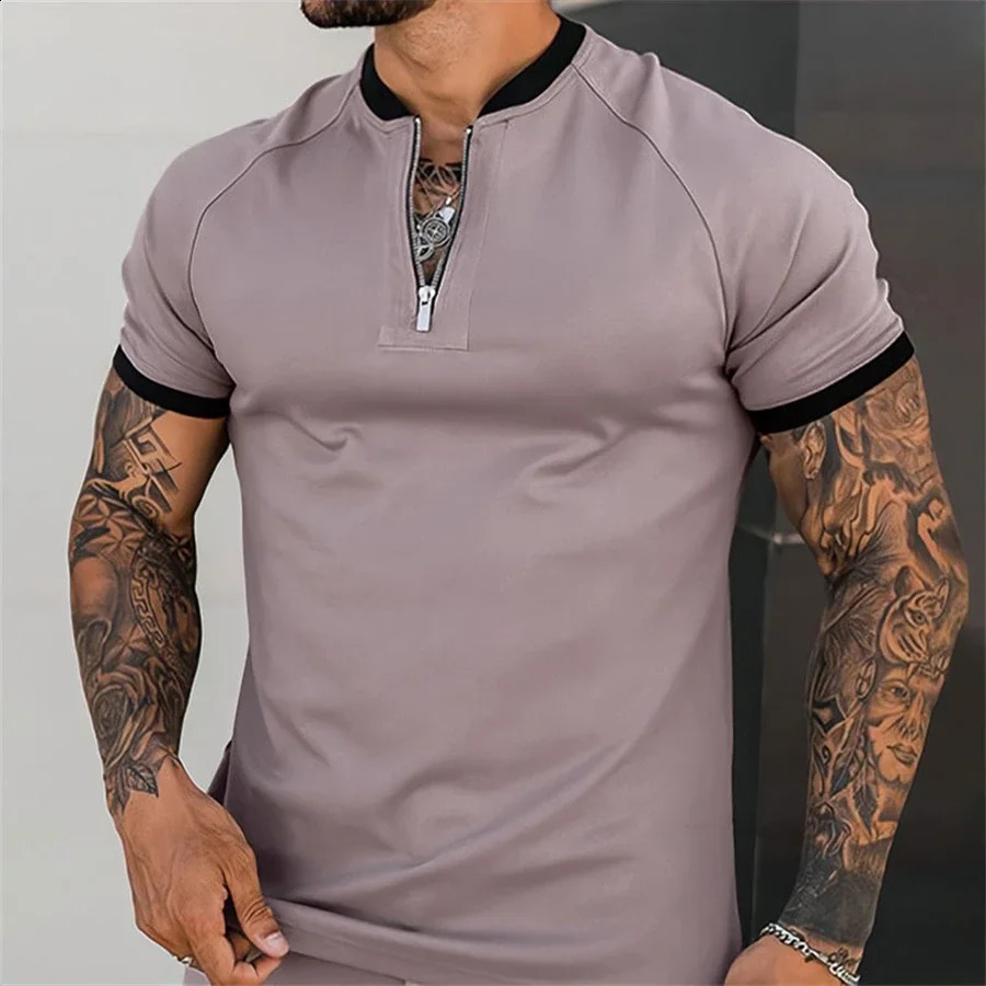 Mens Short sleeved Zipper Polo Shirt Street T-shirt Two piece Casual Sportswear Ropa Hombre 240930