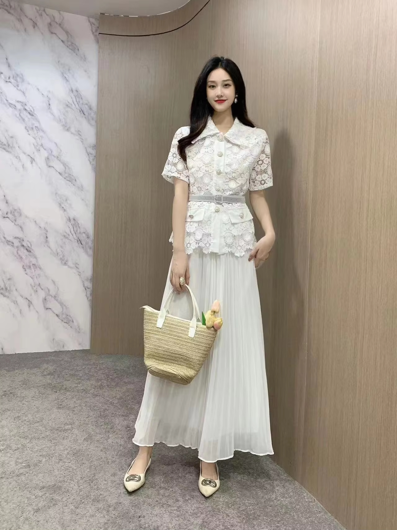 2025 Two Piece Dress New Summer Runway Rose Red Lace Two Piece Set Outfits Women Hollow Out Pocket Shirt Top+Belt Pearls Single Breasted Midi Skirt Su